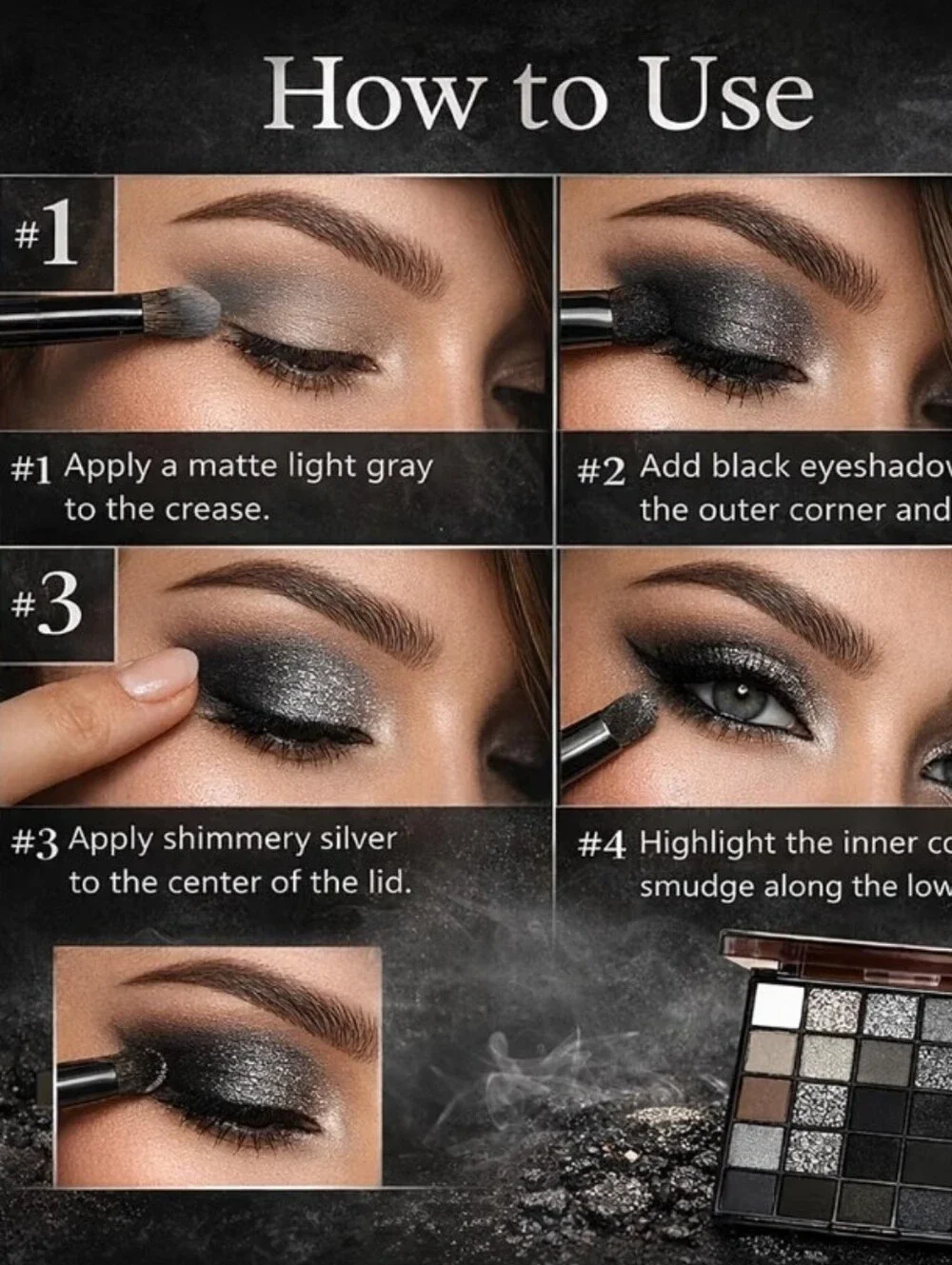 Smoky Eyeshadow Palette – Black & Silver Matte and Shimmer